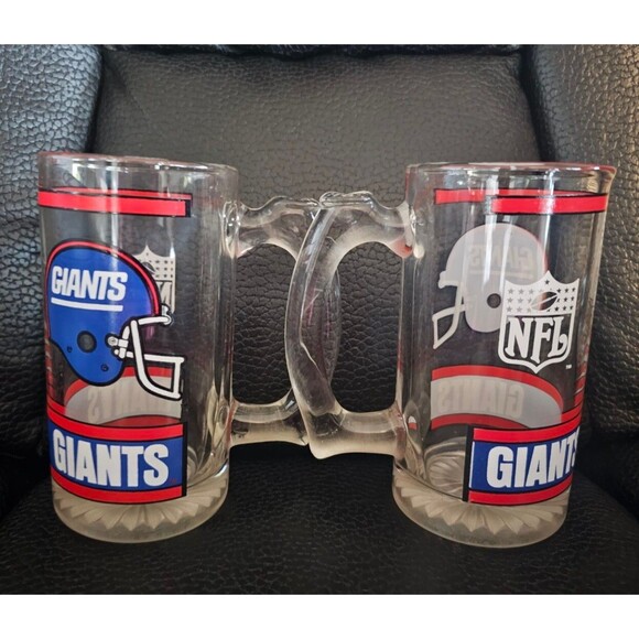 New York Giants Two Glass Mugs 12oz Helmet Logo 90s Vintage Retro Heavy NFL - Picture 2 of 3